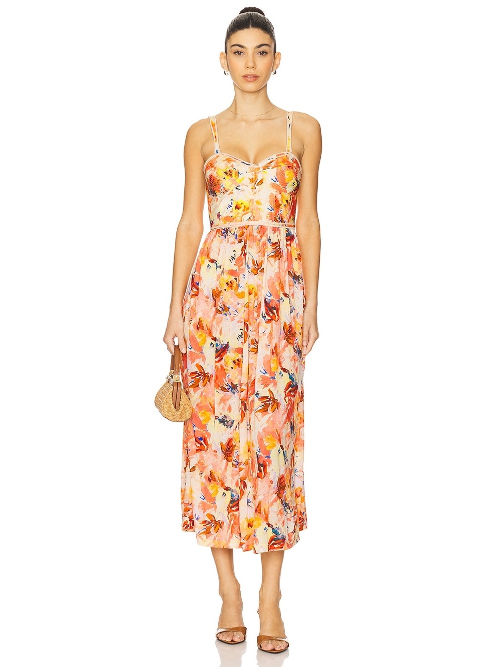 Ulla Johnson Eliza Dress Abstract Floral Snapdragon Midi Orange Pink Size 2
